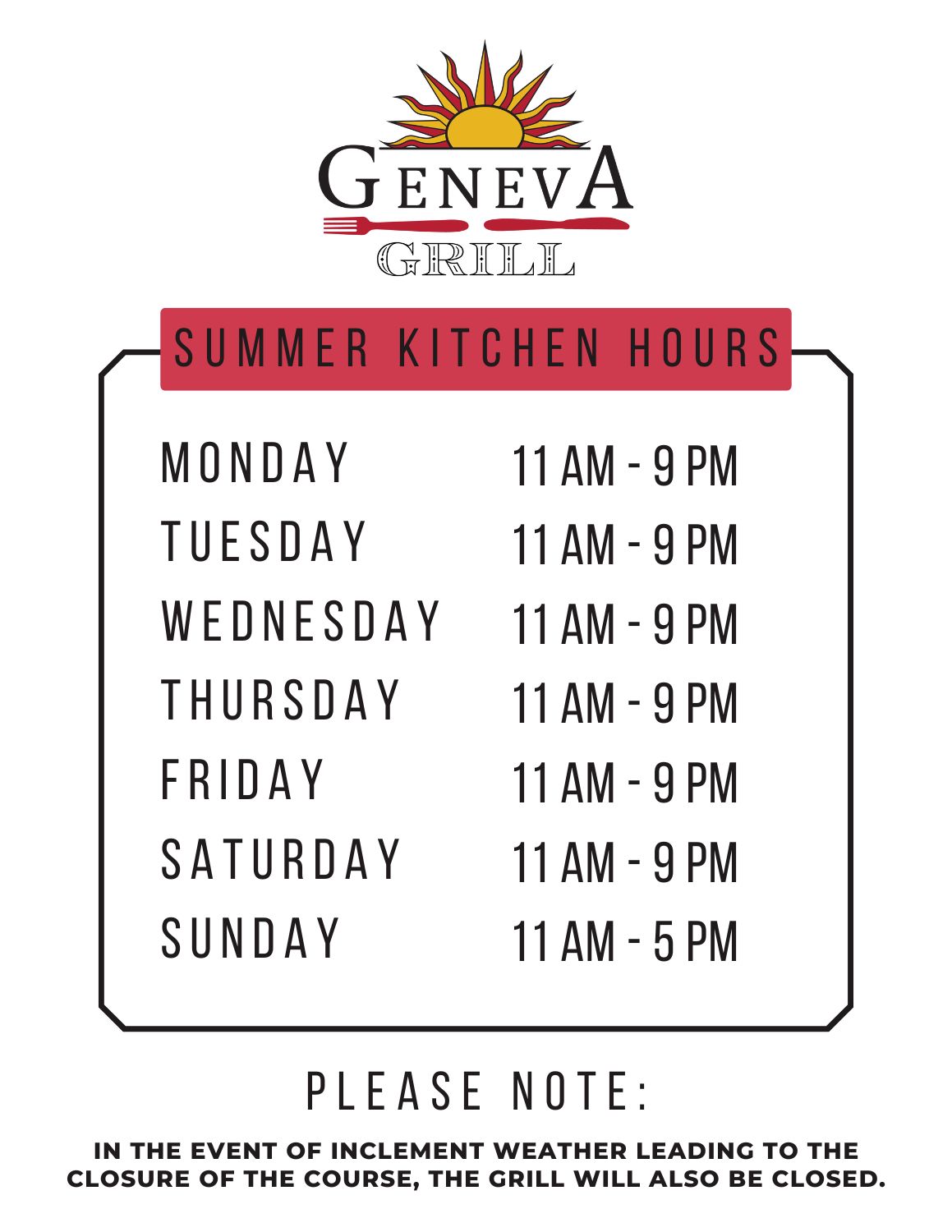 Geneva Grill Spring Hours 2024 